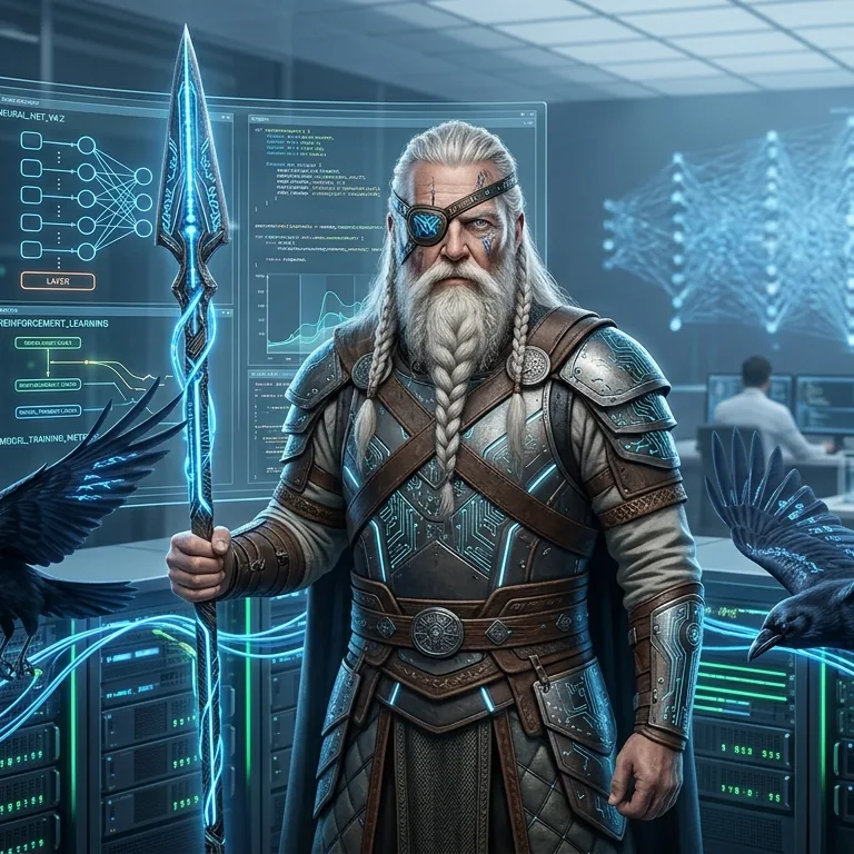 Odín con sus cuervos Huginn y Muninn en un laboratorio de iA
